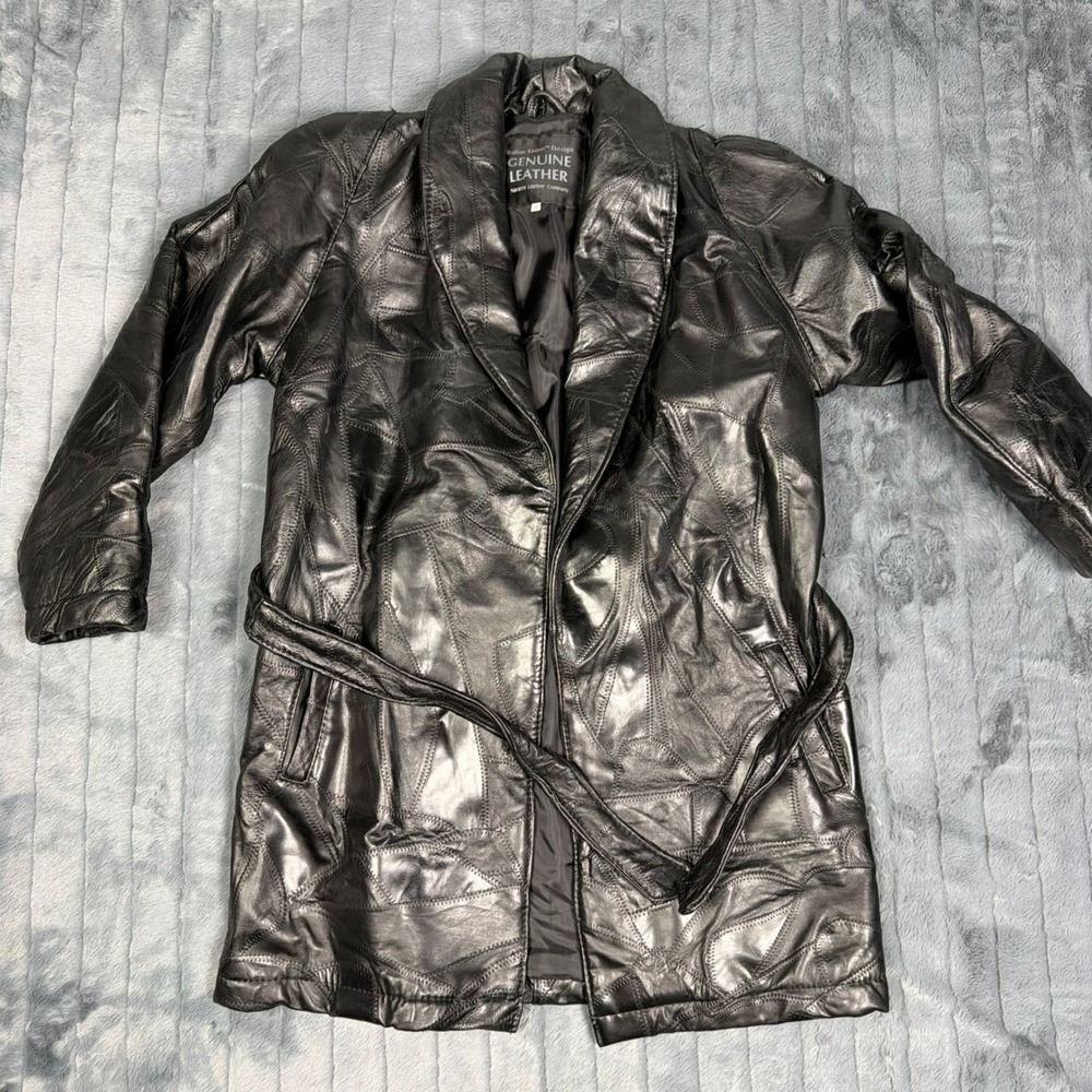 Navarre Italian Stone Design Black Patchwork Leather Trench Coat Belted Jacket M